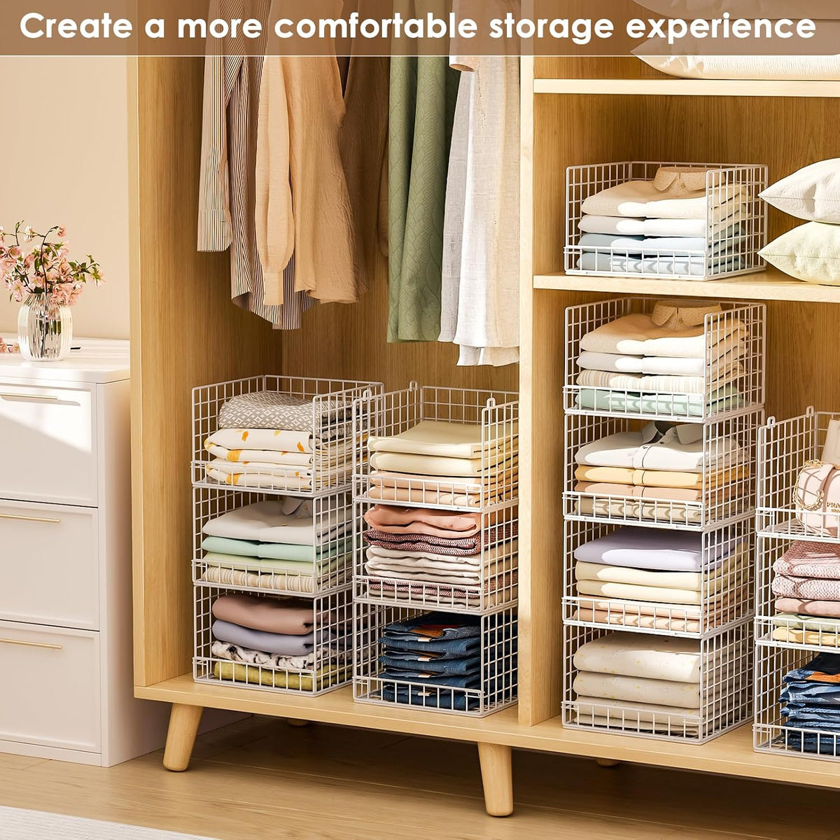 Stackable Closet Organizers and Storage Baskets, 4-Tier Closet Shelf Organizer , Space-Saving Clothes Storage Drawer, Foldable Clothes Storage Bins for Closet Organizer System, Black(Patent 30022416)