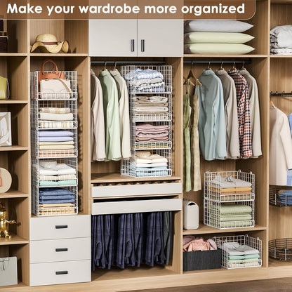 Stackable Closet Organizers and Storage Baskets, 4-Tier Closet Shelf Organizer , Space-Saving Clothes Storage Drawer, Foldable Clothes Storage Bins for Closet Organizer System, Black(Patent 30022416)