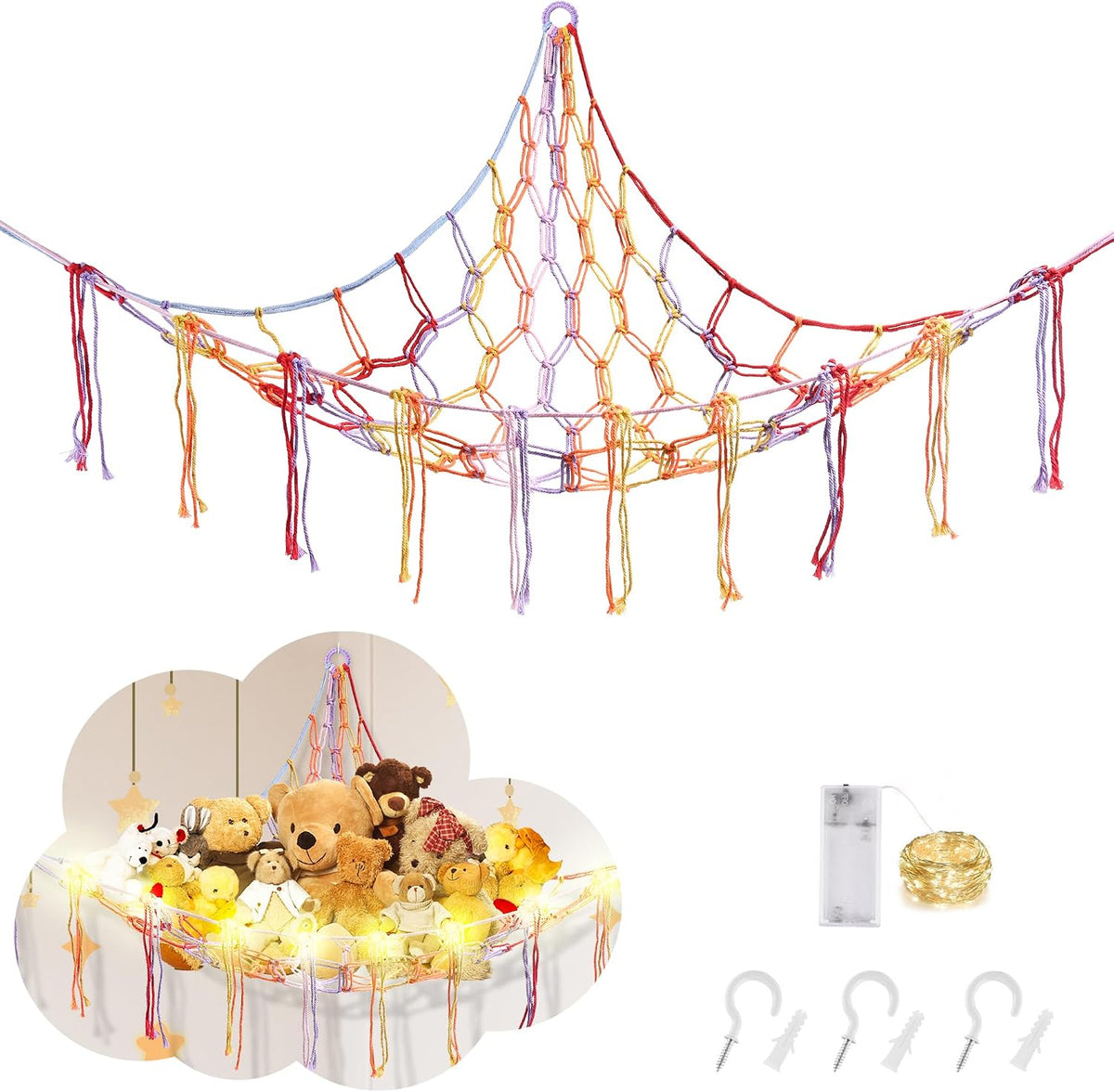 Stuffed Animal Hammock Large Corner Plushie Net Storage, White