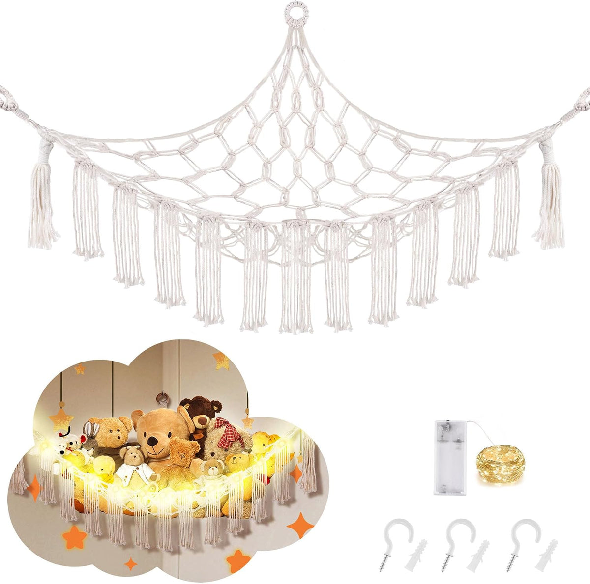 Stuffed Animal Hammock Large Corner Plushie Net Storage, White