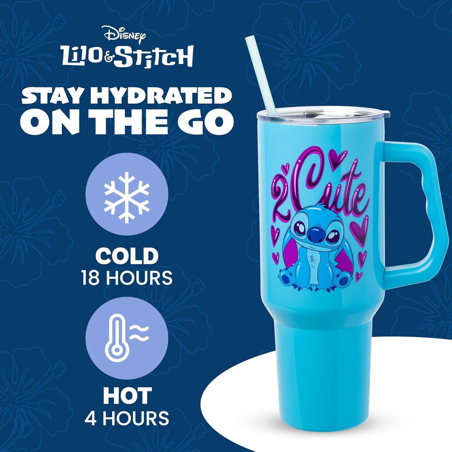 Lilo and Stitch Wink Face, Stainless Steel Tumbler, 40oz | Make Some Waves, Rhinestone, Disney, Double Walled, Includes Handle and Straw, Fits in Cup Holder, 1.18 Liters - Colors A