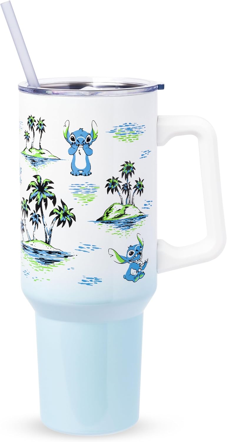 Lilo and Stitch Wink Face, Stainless Steel Tumbler, 40oz | Make Some Waves, Rhinestone, Disney, Double Walled, Includes Handle and Straw, Fits in Cup Holder, 1.18 Liters - Colors A