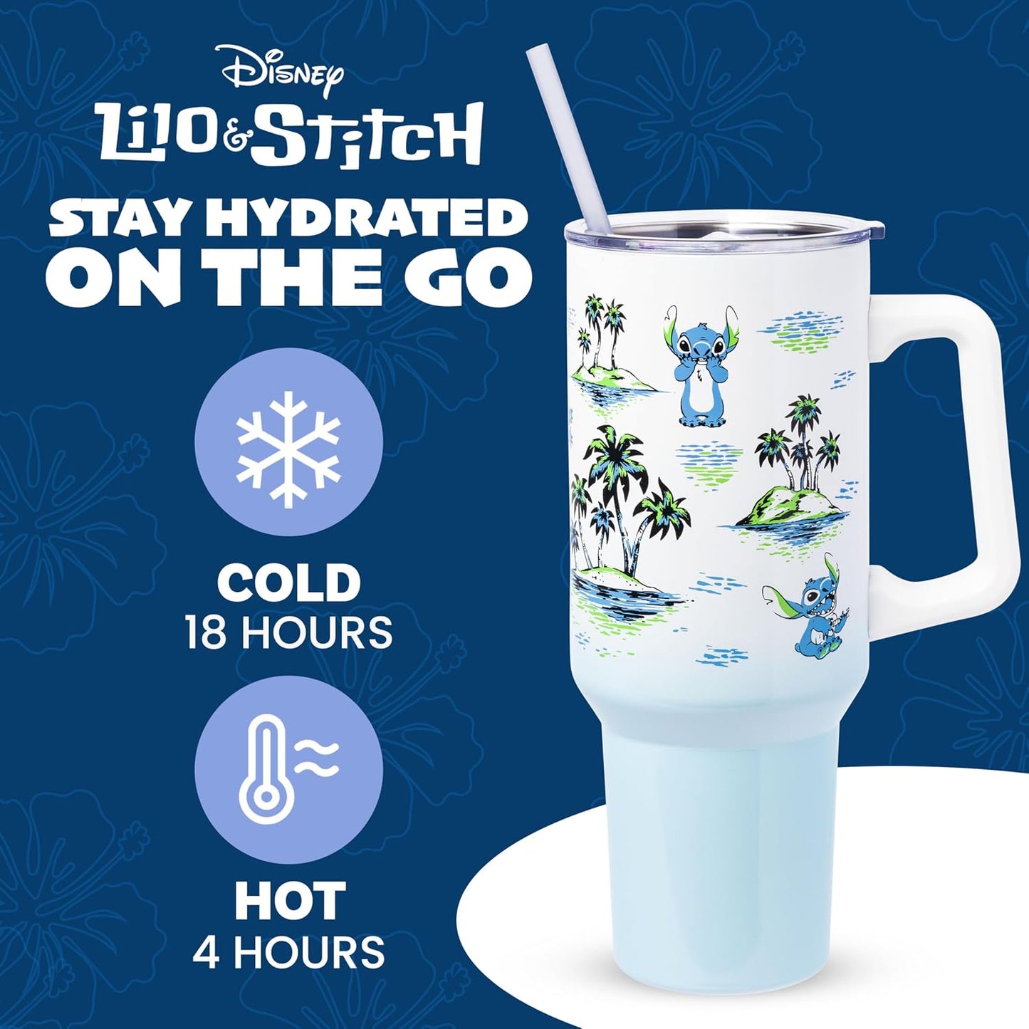 Lilo and Stitch Wink Face, Stainless Steel Tumbler, 40oz | Make Some Waves, Rhinestone, Disney, Double Walled, Includes Handle and Straw, Fits in Cup Holder, 1.18 Liters - Colors A