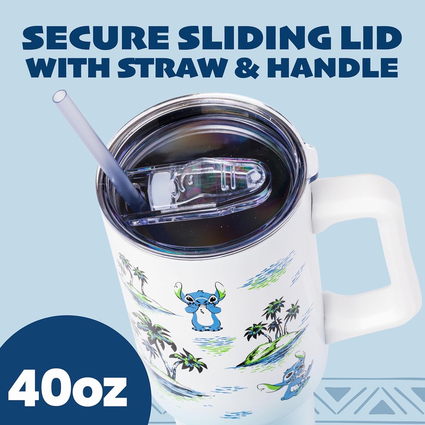 Lilo and Stitch Wink Face, Stainless Steel Tumbler, 40oz | Make Some Waves, Rhinestone, Disney, Double Walled, Includes Handle and Straw, Fits in Cup Holder, 1.18 Liters - Colors A