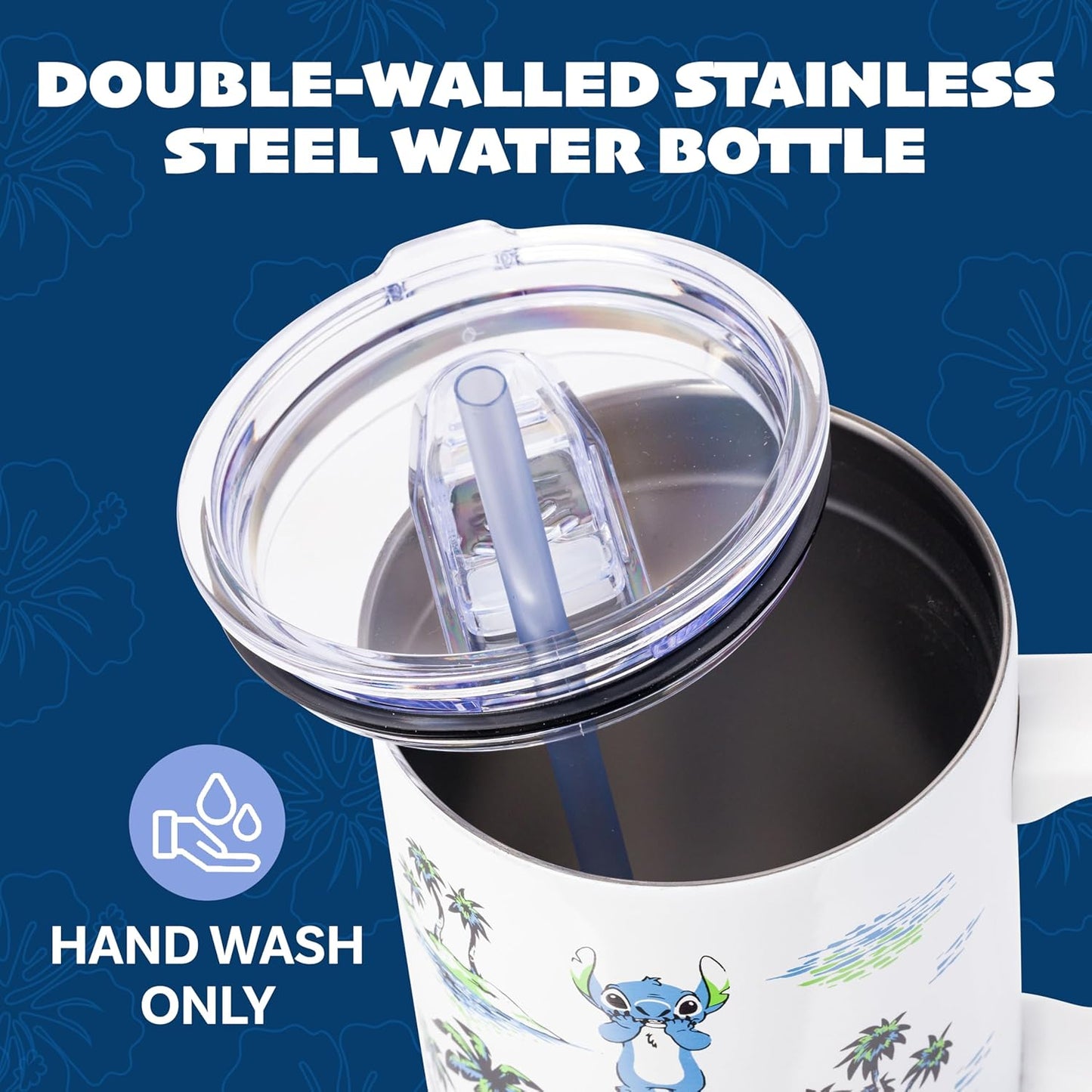 Lilo and Stitch Wink Face, Stainless Steel Tumbler, 40oz | Make Some Waves, Rhinestone, Disney, Double Walled, Includes Handle and Straw, Fits in Cup Holder, 1.18 Liters - Colors A