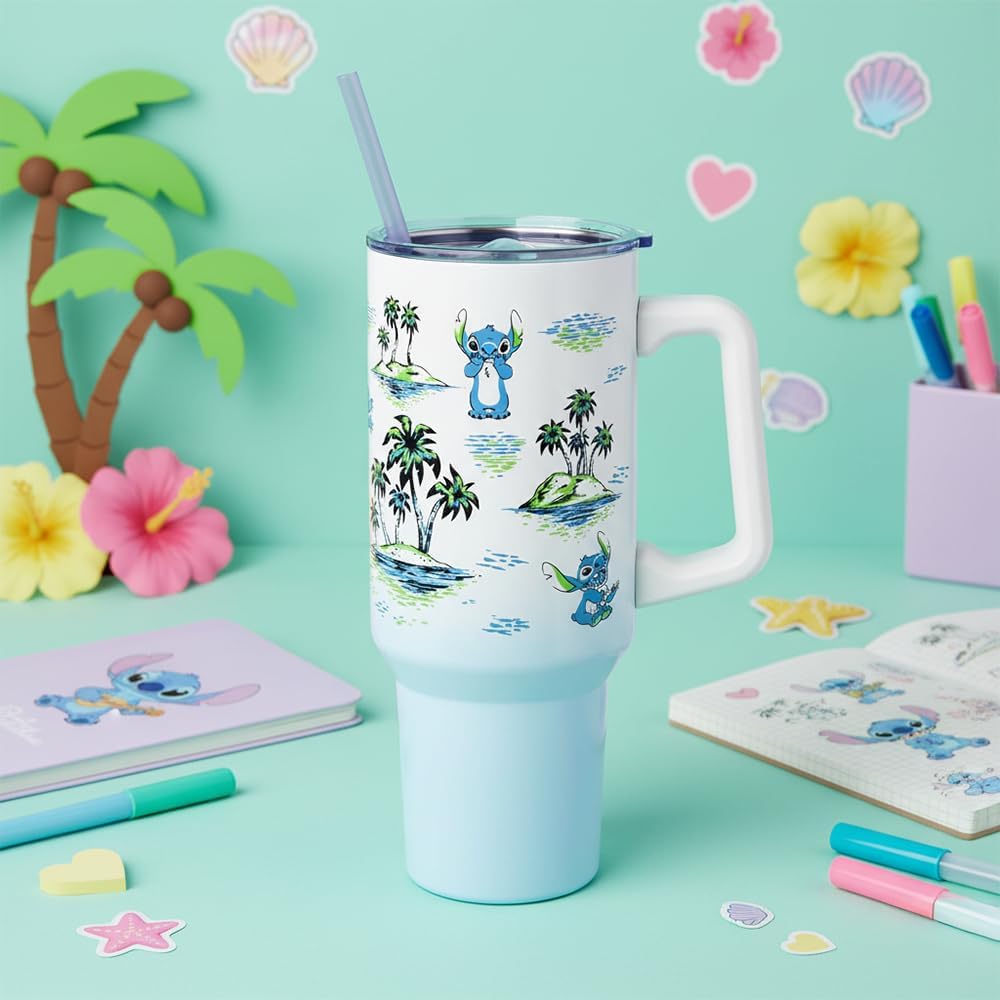 Lilo and Stitch Wink Face, Stainless Steel Tumbler, 40oz | Make Some Waves, Rhinestone, Disney, Double Walled, Includes Handle and Straw, Fits in Cup Holder, 1.18 Liters - Colors A