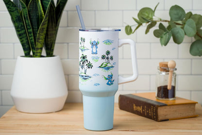 Lilo and Stitch Wink Face, Stainless Steel Tumbler, 40oz | Make Some Waves, Rhinestone, Disney, Double Walled, Includes Handle and Straw, Fits in Cup Holder, 1.18 Liters - Colors A