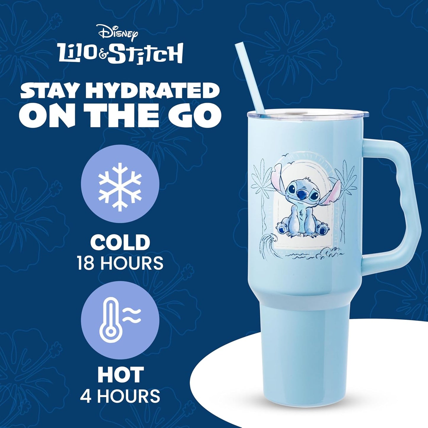 Lilo and Stitch Wink Face, Stainless Steel Tumbler, 40oz | Make Some Waves, Rhinestone, Disney, Double Walled, Includes Handle and Straw, Fits in Cup Holder, 1.18 Liters - Colors A