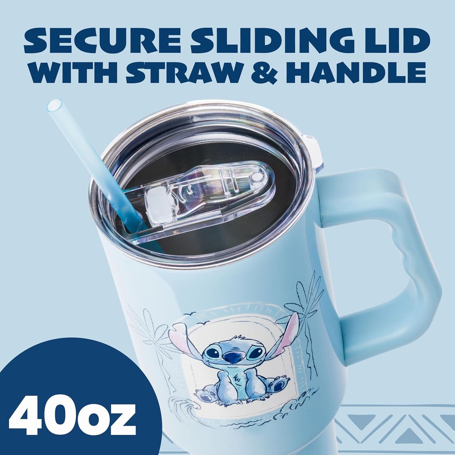 Lilo and Stitch Wink Face, Stainless Steel Tumbler, 40oz | Make Some Waves, Rhinestone, Disney, Double Walled, Includes Handle and Straw, Fits in Cup Holder, 1.18 Liters - Colors A