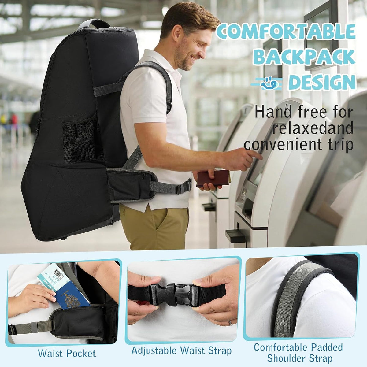 Padded Car Seat Travel Bag for Airplane Car Seat Backpack, Black