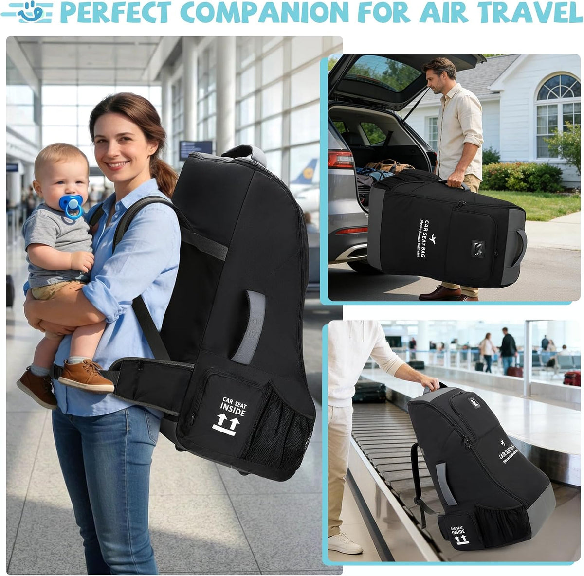 Padded Car Seat Travel Bag for Airplane Car Seat Backpack, Black