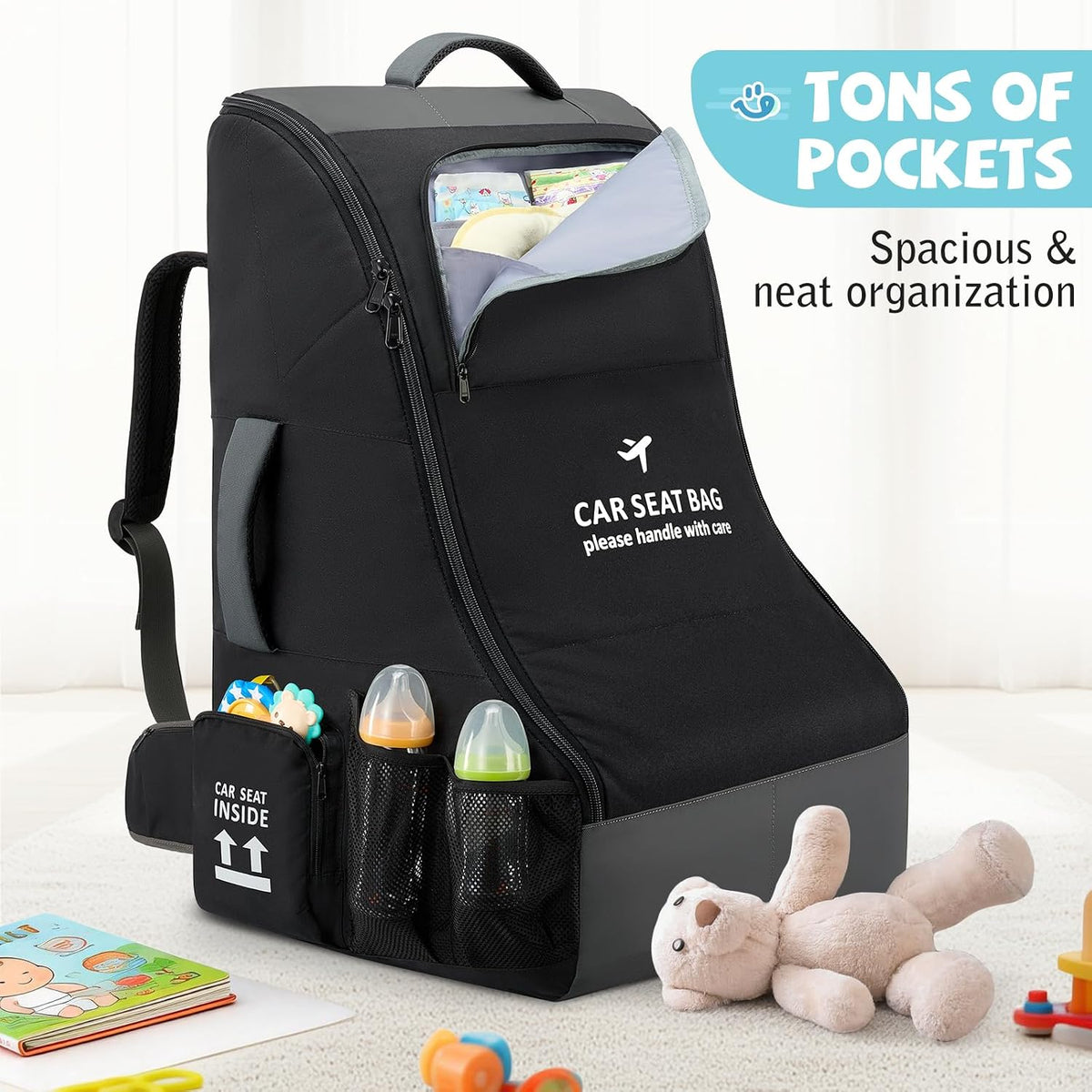 Padded Car Seat Travel Bag for Airplane Car Seat Backpack, Black