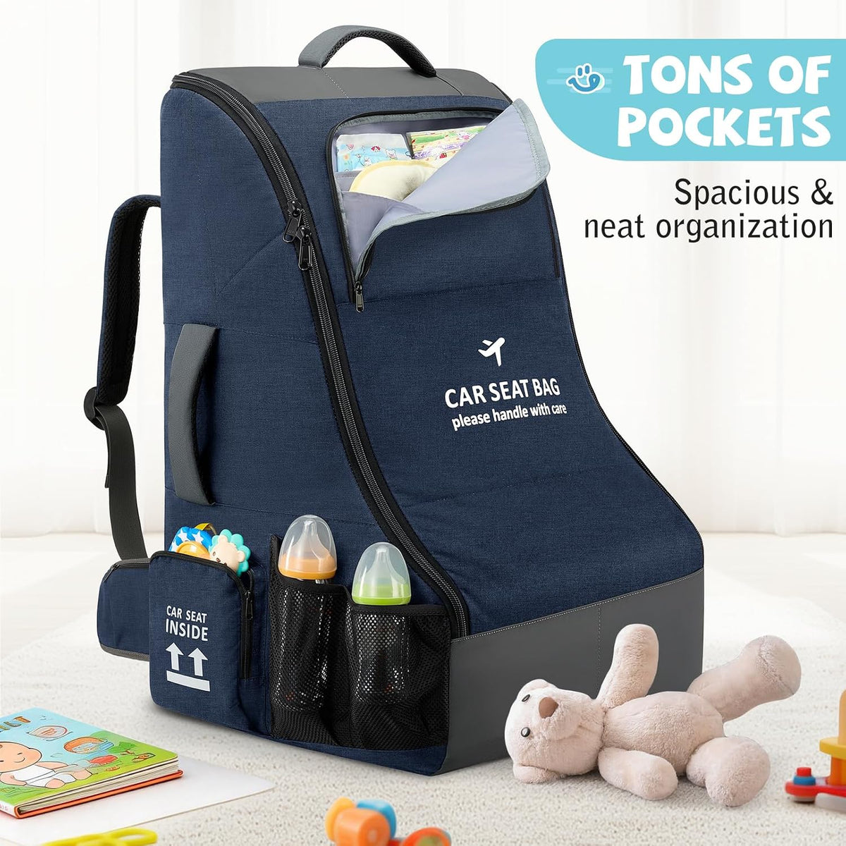 Padded Car Seat Travel Bag for Airplane Car Seat Backpack, Black