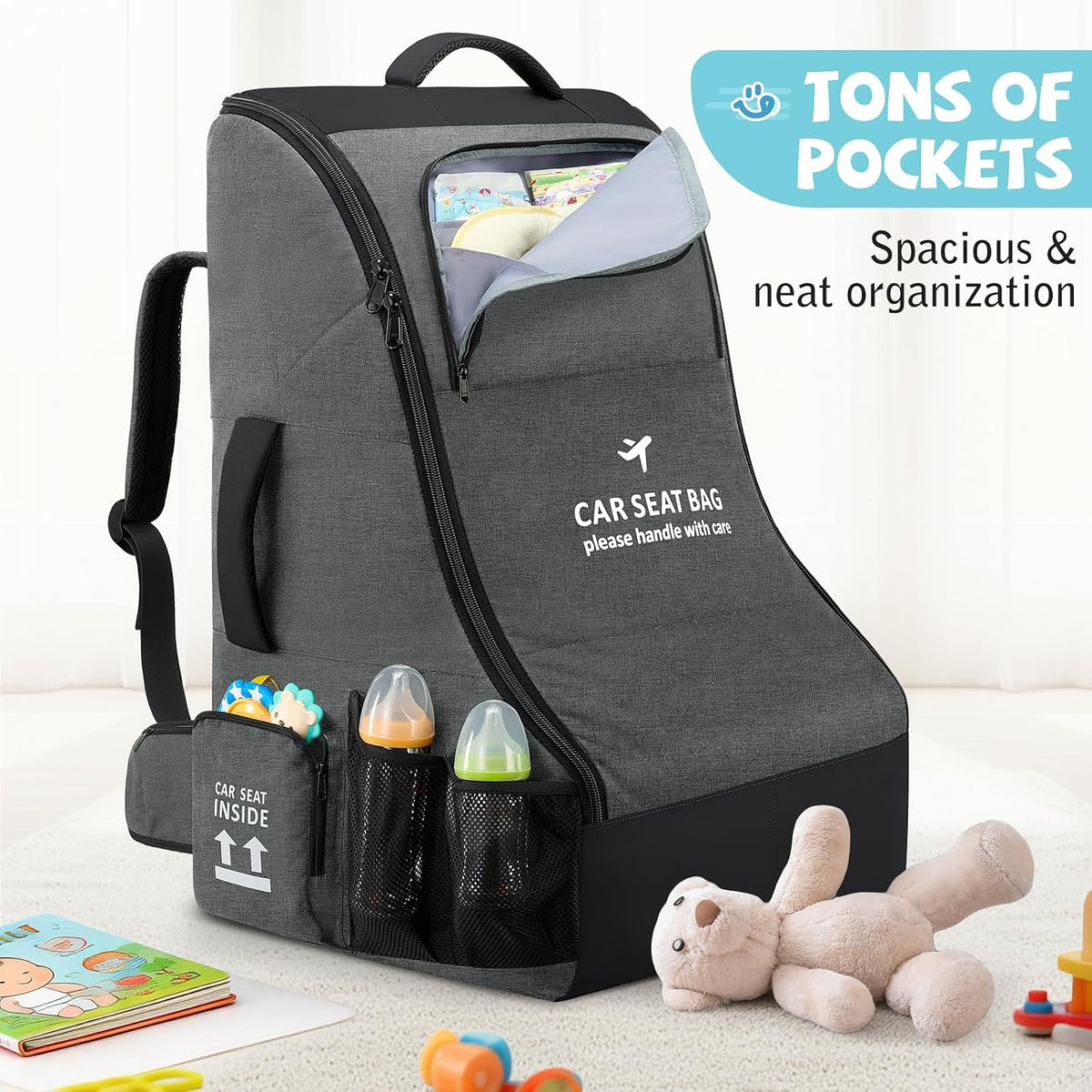 Padded Car Seat Travel Bag for Airplane Car Seat Backpack, Black
