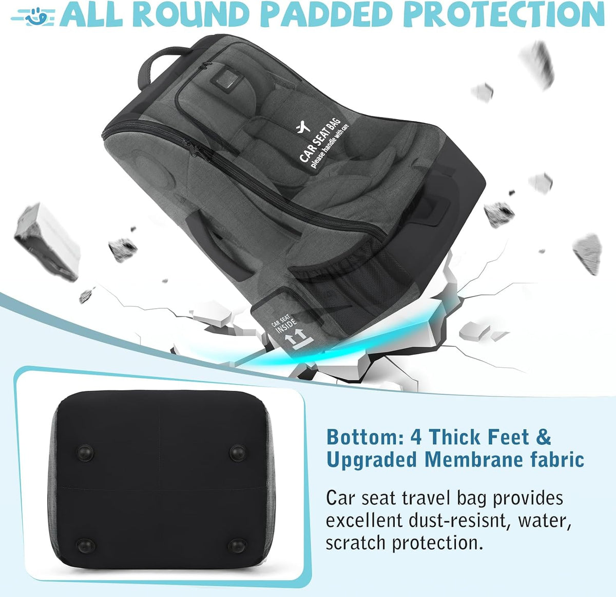 Padded Car Seat Travel Bag for Airplane Car Seat Backpack, Black