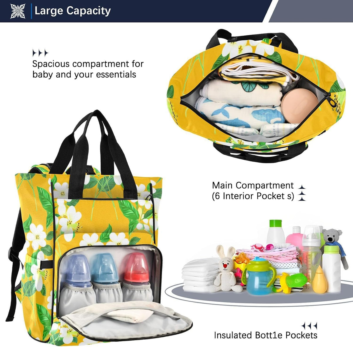 Diaper Bag Backpack, Multifunction Travel Bag for Moms Dads, Baby Changing Bag with Insulted Pockets, Stroller Straps and Side Bottle Pockets Sunlit Meadow Pattern