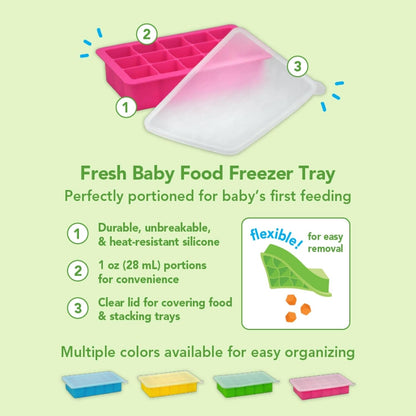 Fresh Baby Food Freezer Tray made from Silicone | Perfectly portioned for baby's first feedings | Clear lid for covering food & stacking trays, Flexible for easy removal, Dishwasher safe