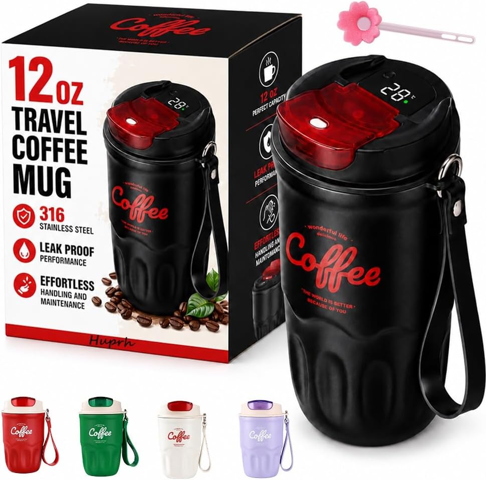 12 Oz Travel Coffee Mug, 316 Stainless Steel Insulated Tumbler with Handle, Portable Vacuum Flask for Hot Cold Drinks, Leak-Proof Thermos Cup for Car Office (Includes Cleaning Brush)