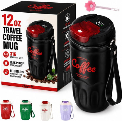 12 Oz Travel Coffee Mug, 316 Stainless Steel Insulated Tumbler with Handle, Portable Vacuum Flask for Hot Cold Drinks, Leak-Proof Thermos Cup for Car Office (Includes Cleaning Brush)