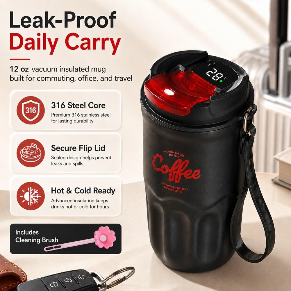 12 Oz Travel Coffee Mug, 316 Stainless Steel Insulated Tumbler with Handle, Portable Vacuum Flask for Hot Cold Drinks, Leak-Proof Thermos Cup for Car Office (Includes Cleaning Brush)