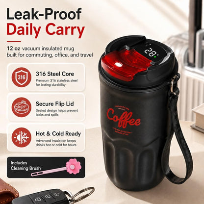 12 Oz Travel Coffee Mug, 316 Stainless Steel Insulated Tumbler with Handle, Portable Vacuum Flask for Hot Cold Drinks, Leak-Proof Thermos Cup for Car Office (Includes Cleaning Brush)