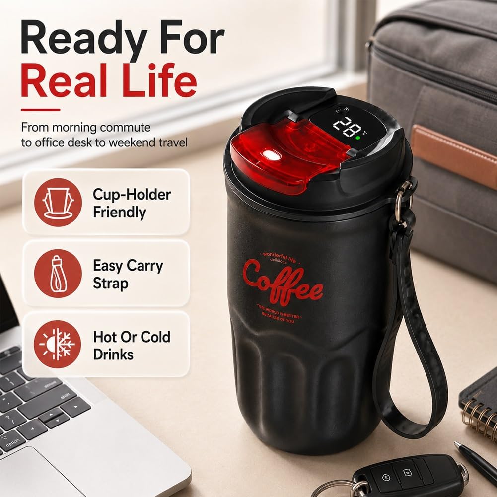 12 Oz Travel Coffee Mug, 316 Stainless Steel Insulated Tumbler with Handle, Portable Vacuum Flask for Hot Cold Drinks, Leak-Proof Thermos Cup for Car Office (Includes Cleaning Brush)