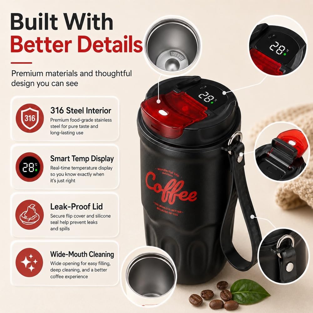 12 Oz Travel Coffee Mug, 316 Stainless Steel Insulated Tumbler with Handle, Portable Vacuum Flask for Hot Cold Drinks, Leak-Proof Thermos Cup for Car Office (Includes Cleaning Brush)