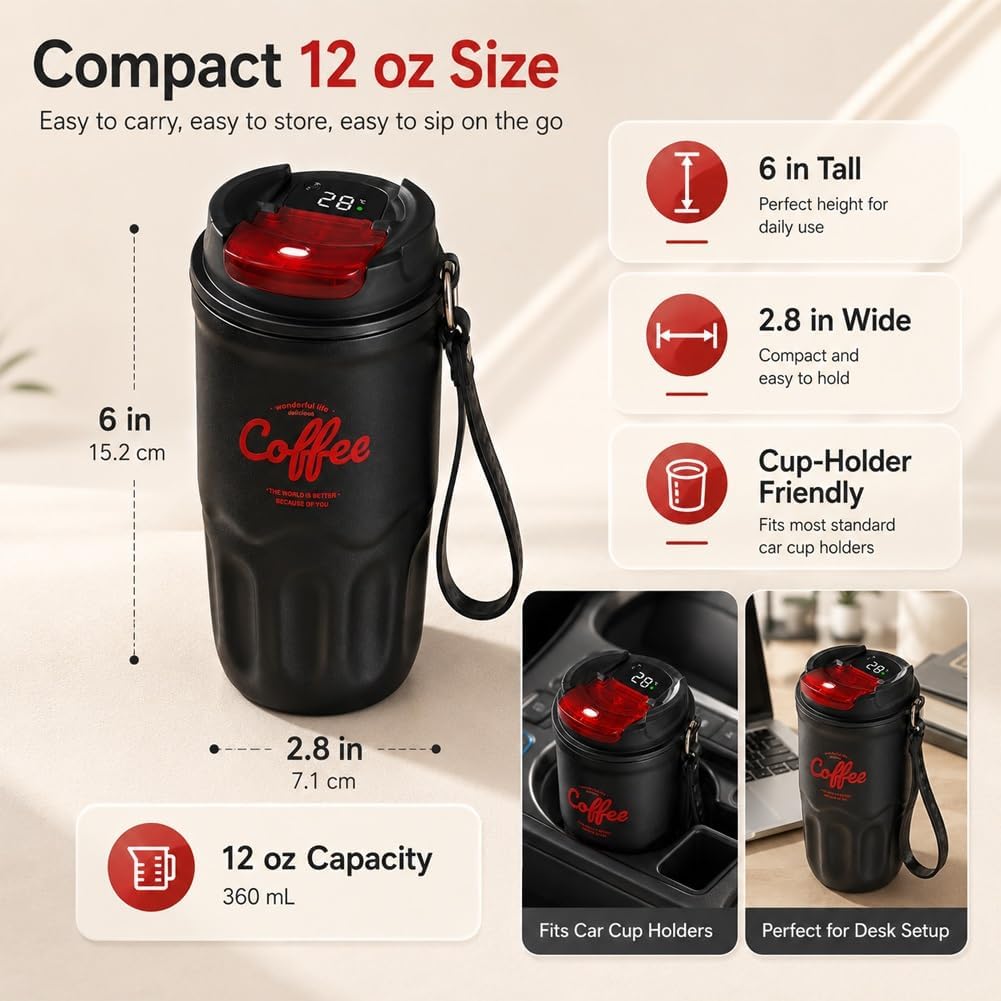 12 Oz Travel Coffee Mug, 316 Stainless Steel Insulated Tumbler with Handle, Portable Vacuum Flask for Hot Cold Drinks, Leak-Proof Thermos Cup for Car Office (Includes Cleaning Brush)
