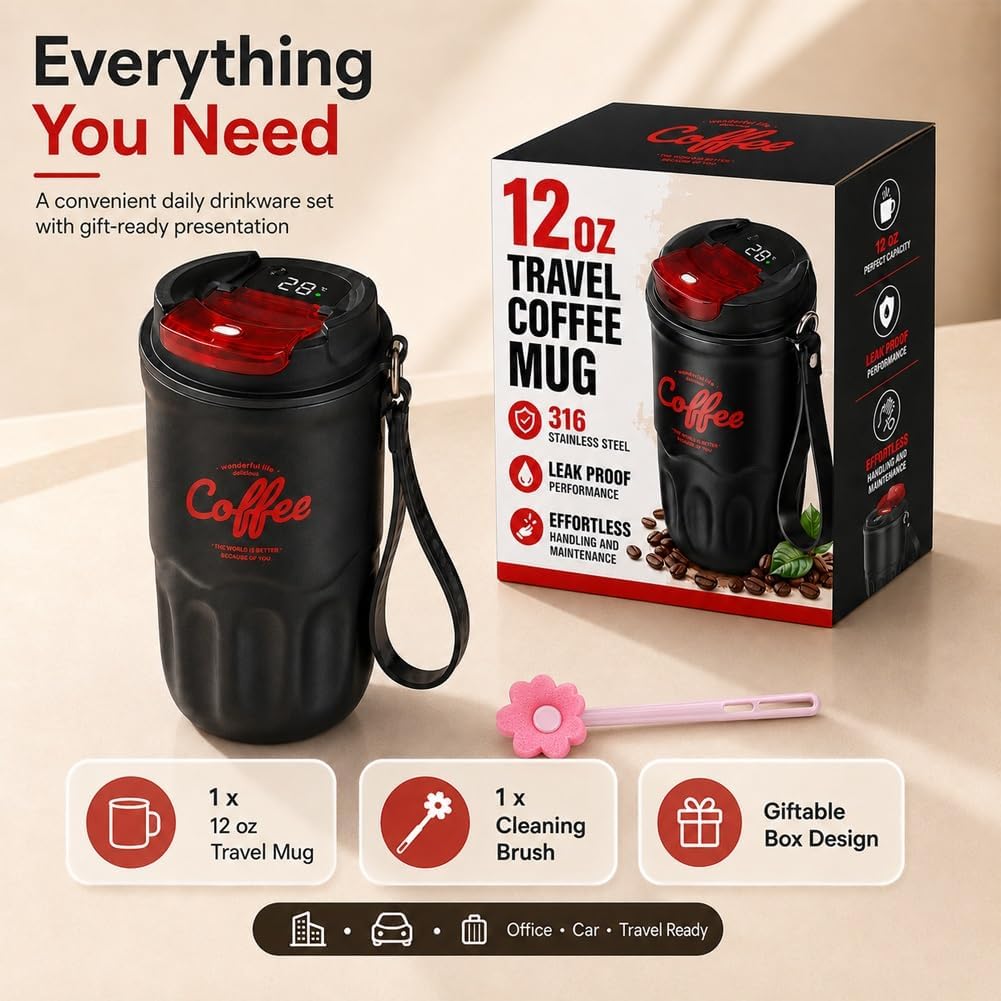 12 Oz Travel Coffee Mug, 316 Stainless Steel Insulated Tumbler with Handle, Portable Vacuum Flask for Hot Cold Drinks, Leak-Proof Thermos Cup for Car Office (Includes Cleaning Brush)