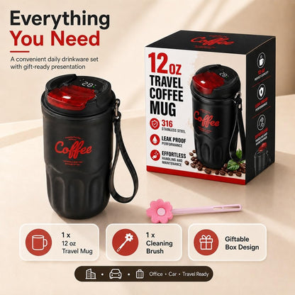12 Oz Travel Coffee Mug, 316 Stainless Steel Insulated Tumbler with Handle, Portable Vacuum Flask for Hot Cold Drinks, Leak-Proof Thermos Cup for Car Office (Includes Cleaning Brush)