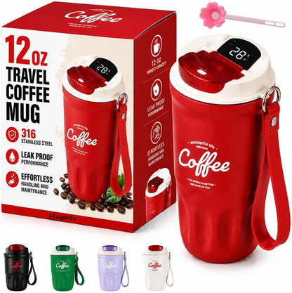 12 Oz Travel Coffee Mug, 316 Stainless Steel Insulated Tumbler with Handle, Portable Vacuum Flask for Hot Cold Drinks, Leak-Proof Thermos Cup for Car Office (Includes Cleaning Brush)