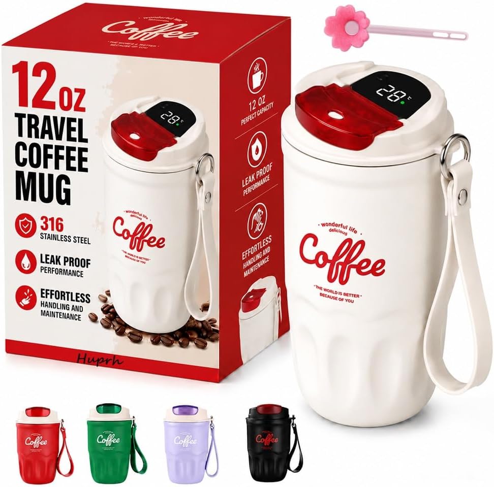 12 Oz Travel Coffee Mug, 316 Stainless Steel Insulated Tumbler with Handle, Portable Vacuum Flask for Hot Cold Drinks, Leak-Proof Thermos Cup for Car Office (Includes Cleaning Brush)