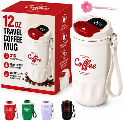 12 Oz Travel Coffee Mug, 316 Stainless Steel Insulated Tumbler with Handle, Portable Vacuum Flask for Hot Cold Drinks, Leak-Proof Thermos Cup for Car Office (Includes Cleaning Brush)
