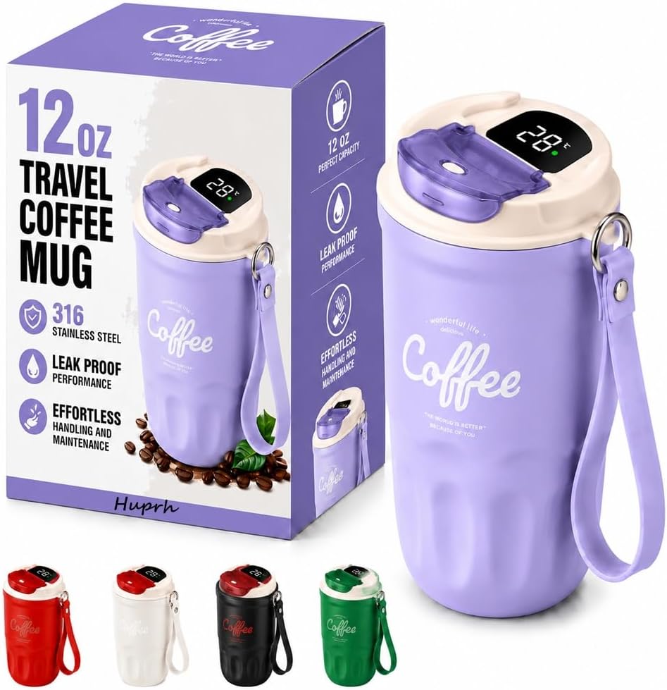 12 Oz Travel Coffee Mug, 316 Stainless Steel Insulated Tumbler with Handle, Portable Vacuum Flask for Hot Cold Drinks, Leak-Proof Thermos Cup for Car Office (Includes Cleaning Brush)