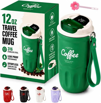 12 Oz Travel Coffee Mug, 316 Stainless Steel Insulated Tumbler with Handle, Portable Vacuum Flask for Hot Cold Drinks, Leak-Proof Thermos Cup for Car Office (Includes Cleaning Brush)