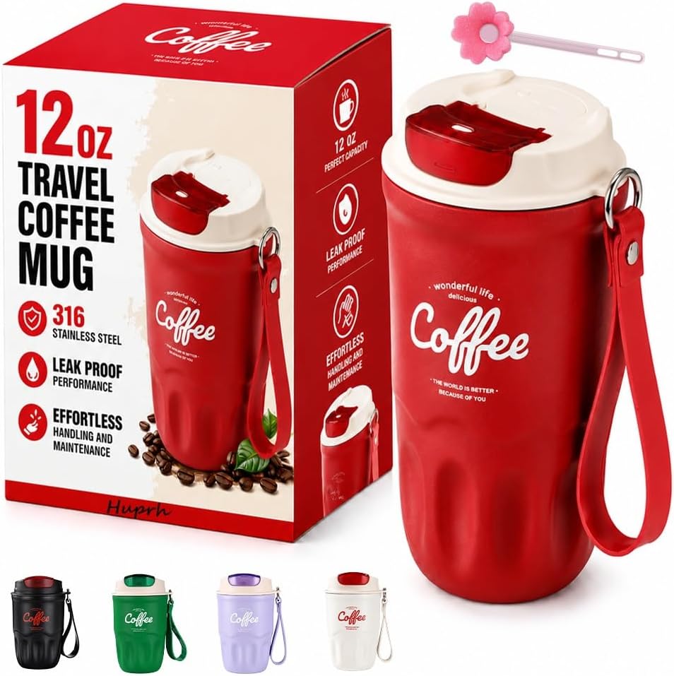 12 Oz Travel Coffee Mug, 316 Stainless Steel Insulated Tumbler with Handle, Portable Vacuum Flask for Hot Cold Drinks, Leak-Proof Thermos Cup for Car Office (Includes Cleaning Brush)