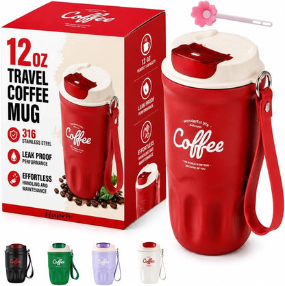 12 Oz Travel Coffee Mug, 316 Stainless Steel Insulated Tumbler with Handle, Portable Vacuum Flask for Hot Cold Drinks, Leak-Proof Thermos Cup for Car Office (Includes Cleaning Brush)