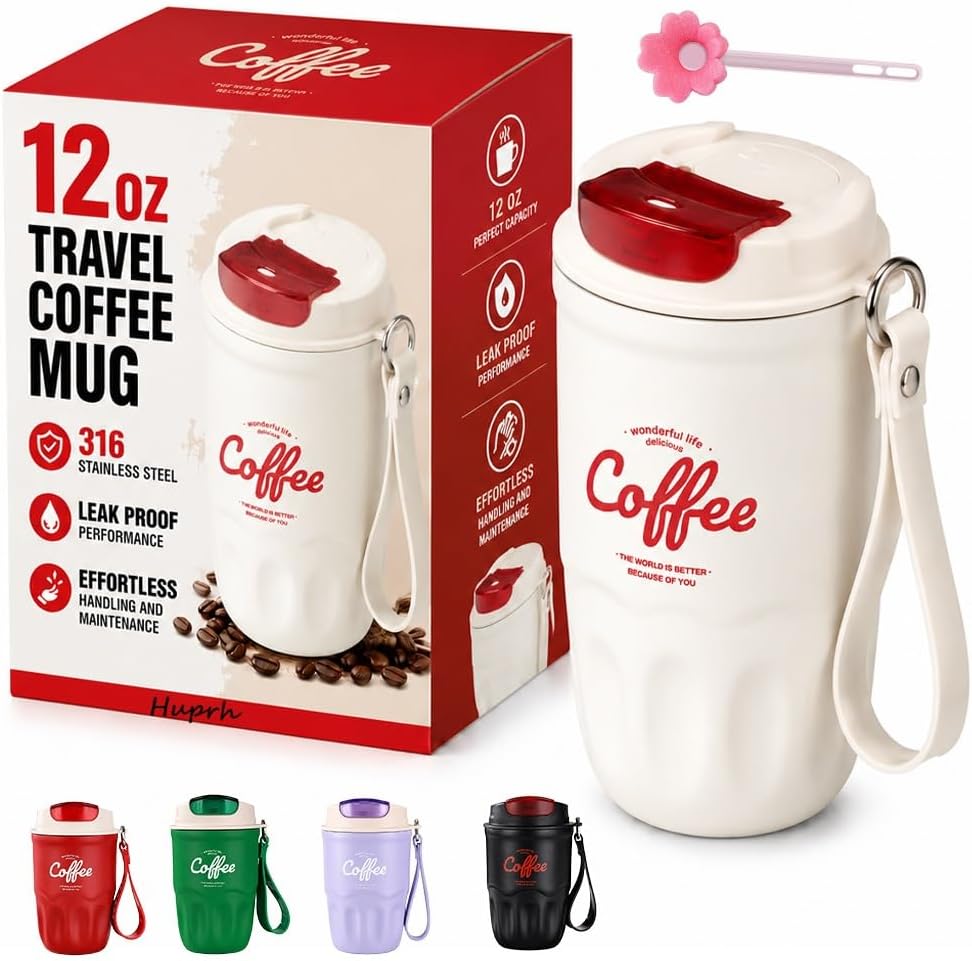 12 Oz Travel Coffee Mug, 316 Stainless Steel Insulated Tumbler with Handle, Portable Vacuum Flask for Hot Cold Drinks, Leak-Proof Thermos Cup for Car Office (Includes Cleaning Brush)