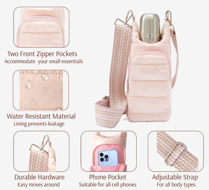 Original Crossbody Water Bottle Holder Bag with Strap.Stylish Puffer Bag.Pockets for Phone & Accessories.BEST GIFT