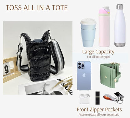 Original Crossbody Water Bottle Holder Bag with Strap.Stylish Puffer Bag.Pockets for Phone & Accessories.BEST GIFT