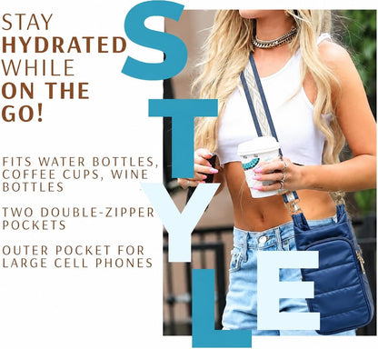 Original Crossbody Water Bottle Holder Bag with Strap.Stylish Puffer Bag.Pockets for Phone & Accessories.BEST GIFT