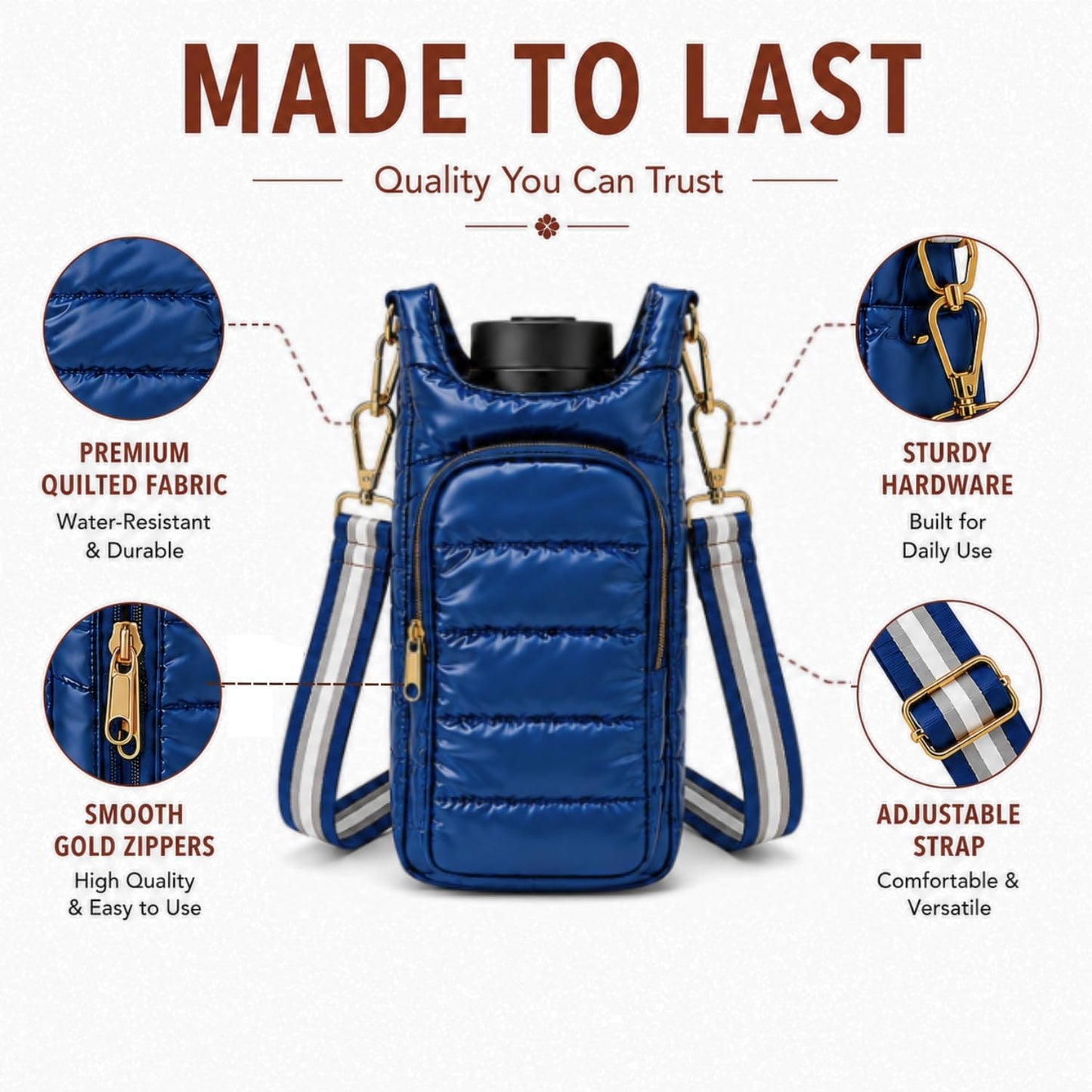 Original Crossbody Water Bottle Holder Bag with Strap.Stylish Puffer Bag.Pockets for Phone & Accessories.BEST GIFT