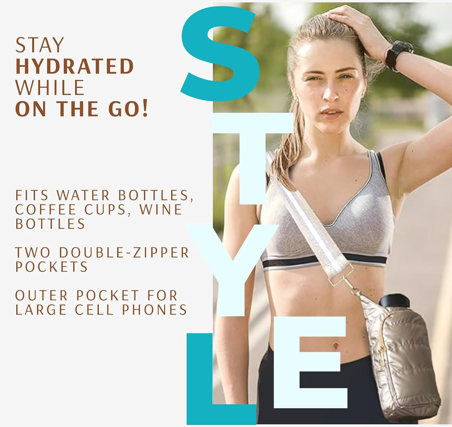 Original Crossbody Water Bottle Holder Bag with Strap.Stylish Puffer Bag.Pockets for Phone & Accessories.BEST GIFT
