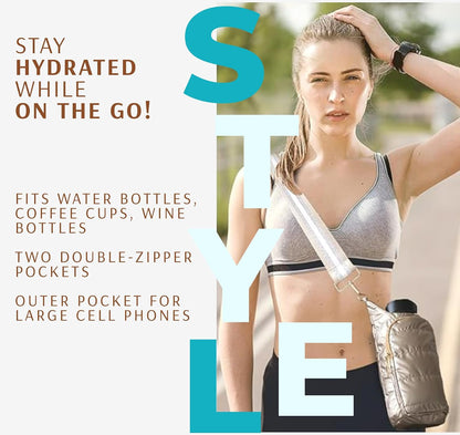 Original Crossbody Water Bottle Holder Bag with Strap.Stylish Puffer Bag.Pockets for Phone & Accessories.BEST GIFT