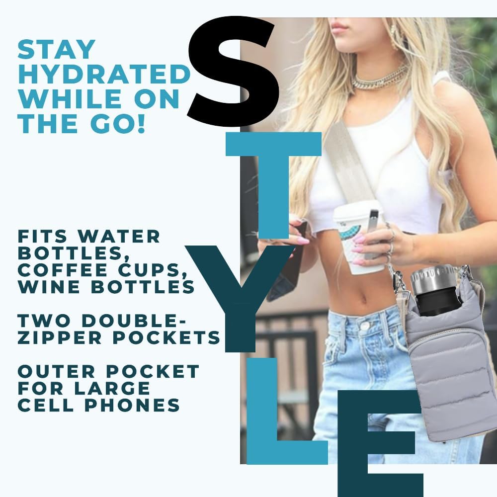 Original Crossbody Water Bottle Holder Bag with Strap.Stylish Puffer Bag.Pockets for Phone & Accessories.BEST GIFT
