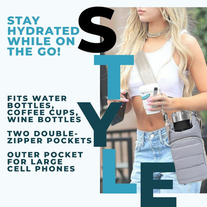 Original Crossbody Water Bottle Holder Bag with Strap.Stylish Puffer Bag.Pockets for Phone & Accessories.BEST GIFT