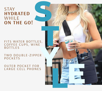 Original Crossbody Water Bottle Holder Bag with Strap.Stylish Puffer Bag.Pockets for Phone & Accessories.BEST GIFT