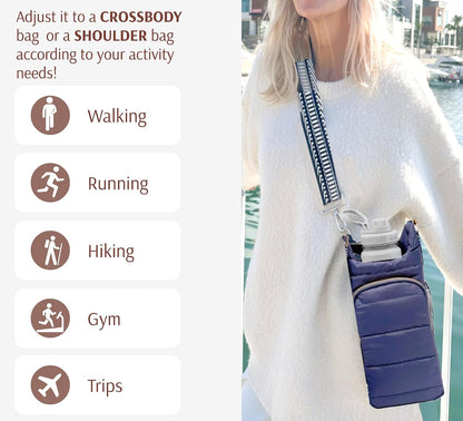 Original Crossbody Water Bottle Holder Bag with Strap.Stylish Puffer Bag.Pockets for Phone & Accessories.BEST GIFT