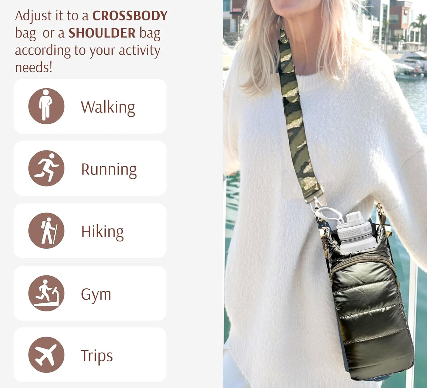 Original Crossbody Water Bottle Holder Bag with Strap.Stylish Puffer Bag.Pockets for Phone & Accessories.BEST GIFT