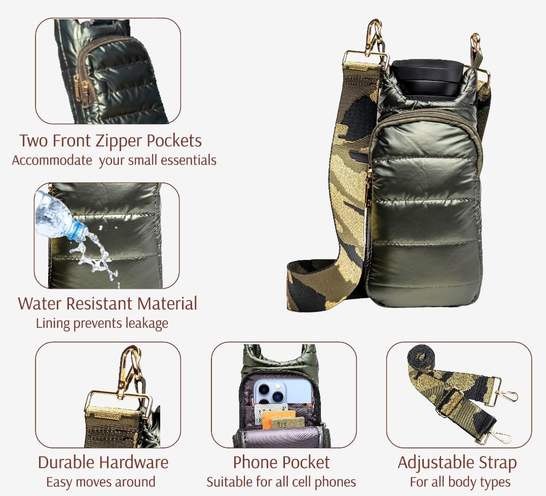 Original Crossbody Water Bottle Holder Bag with Strap.Stylish Puffer Bag.Pockets for Phone & Accessories.BEST GIFT